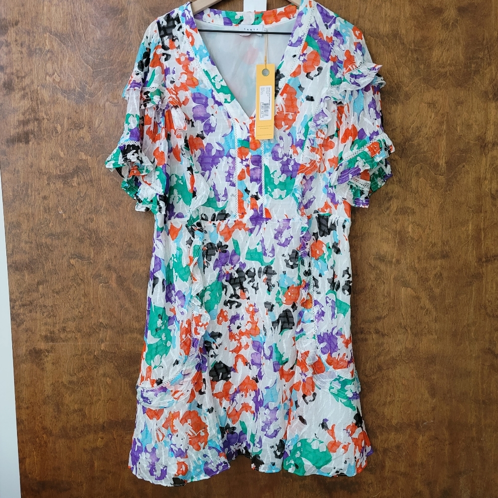 Tanya Taylor Rhett Dressv neck ruffle sheer sleeves, size zip, lined